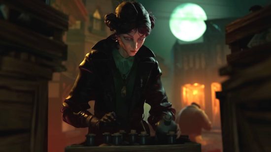 Sleight of Hand release date: Lady Luck is looking through bottles as a henchman walks behind her.