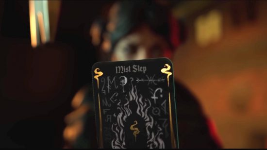 Sleight of Hand release date: Lady Luck is holding up a playing card with the words Mist Step written on it. A picture of a man on fire with some runes surrounding the image complete the card design.