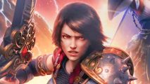 2024's most promising new MOBA sets alpha playtest, and it's very soon: A brunette woman in armor, from Smite 2.