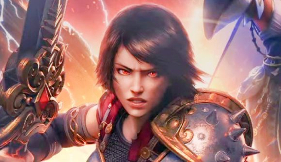2024's most promising new MOBA sets alpha playtest, and it's very soon: A brunette woman in armor, from Smite 2.