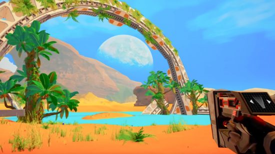 No Man's Sky style survival game rockets up Steam charts: A sci-fi gun points out toward a desert oasis with a circular arch above it, from The Planet Crafter.
