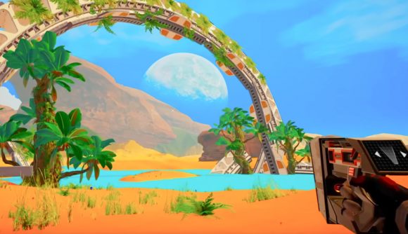 No Man's Sky style survival game rockets up Steam charts: A sci-fi gun points out toward a desert oasis with a circular arch above it, from The Planet Crafter.