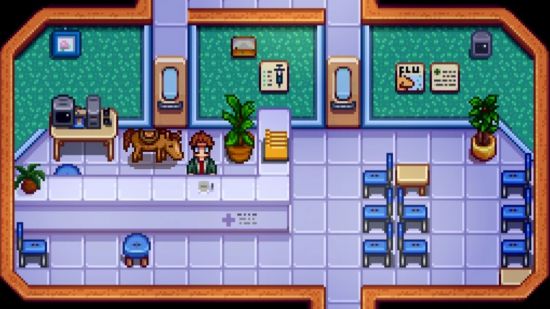 A horse appears in the hospital thanks to Horse Flute Anywhere, one of the best Stardew Valley mods.