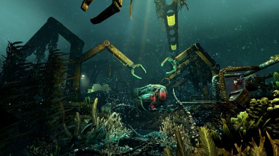 Lovecraftian Days Steam Sale 2024 – Ein Unterwassertaucher schaut Sie zwischen Maschinen in Soma an.