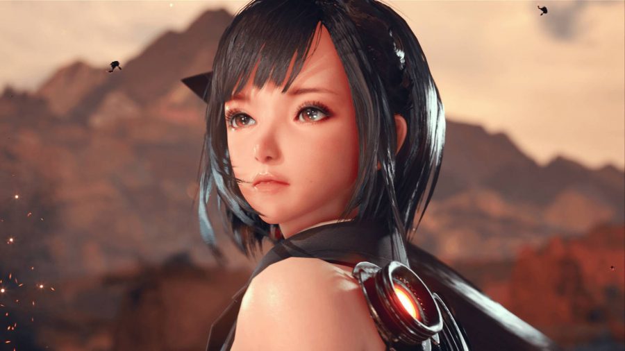 Stellar Blade: An anime girl looks over her shoulder in a wasteland environment