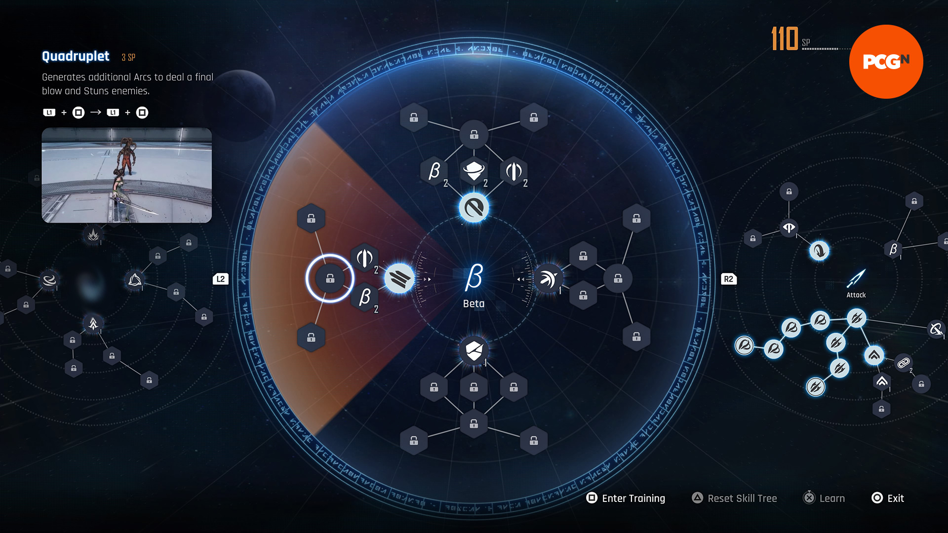 Un'immagine dell'albero delle abilità di Stellar Blade che mostra Quadruplet