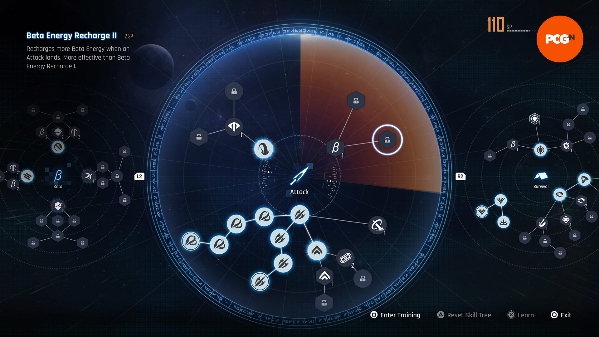 Un'immagine dell'albero delle abilità di Stellar Blade che mostra Beta Energy Recharge II