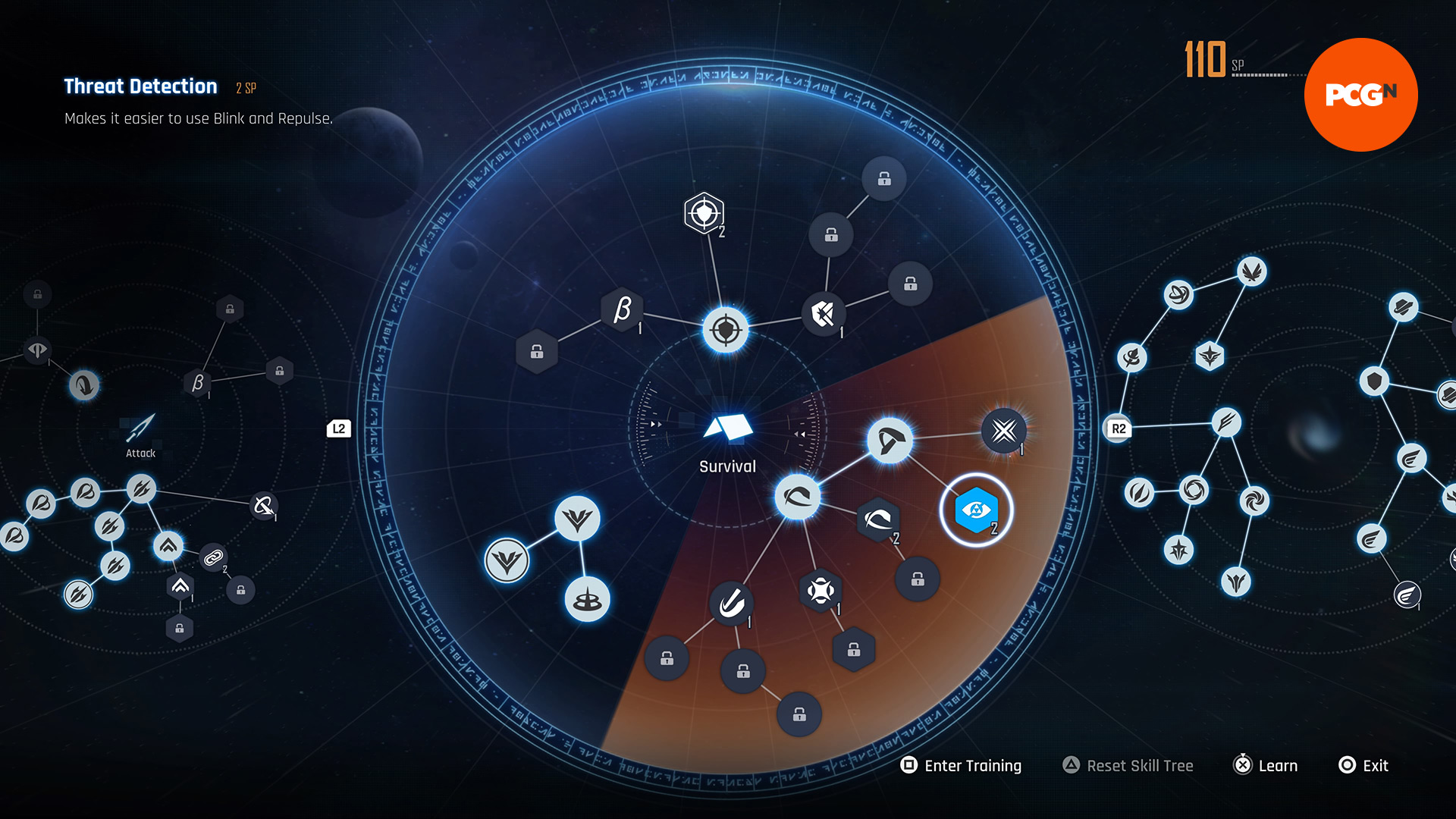 Un'immagine dell'albero delle abilità di Stellar Blade che mostra il rilevamento delle minacce