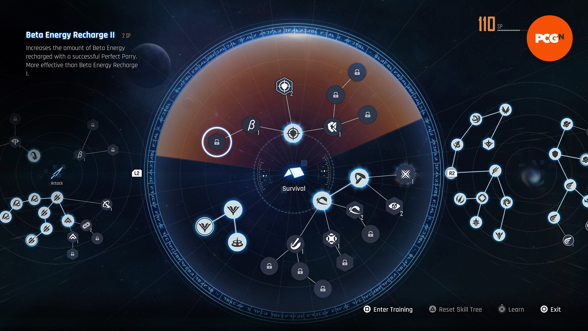 Un'immagine dell'albero delle abilità di Stellar Blade che mostra Beta Energy Recharge II