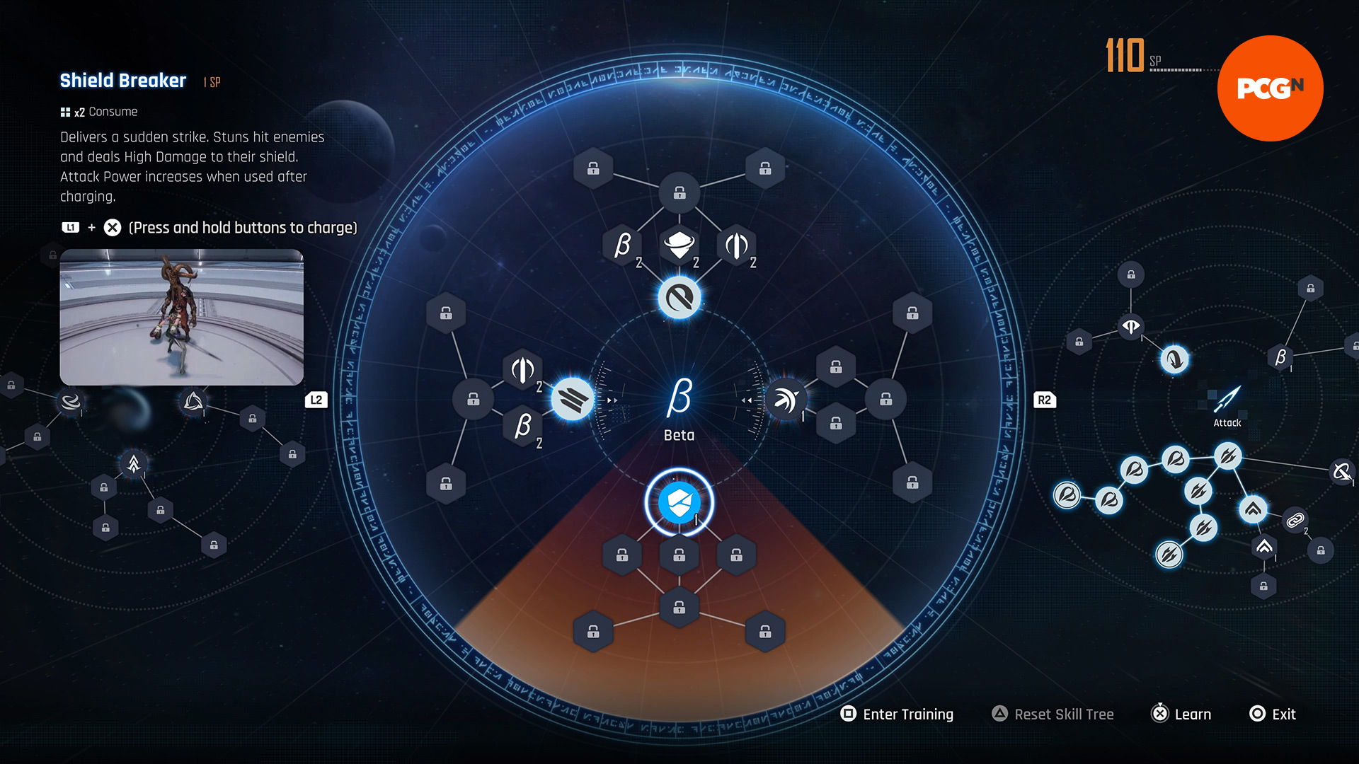 Un'immagine dell'albero delle abilità di Stellar Blade che mostra Shield Breaker
