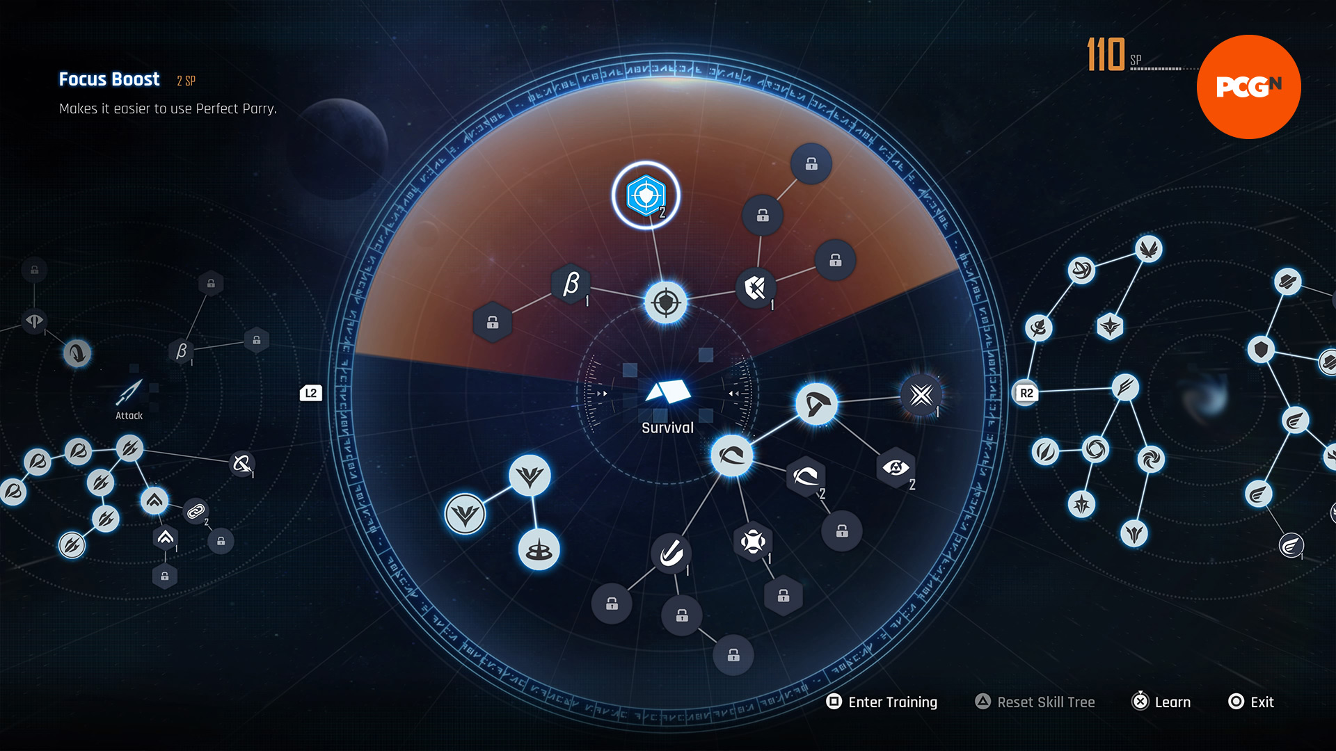 Un'immagine dell'albero delle abilità di Stellar Blade che mostra Focus Boost