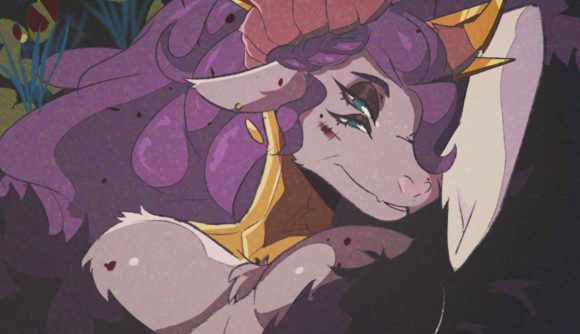 A goatlike woman with purple hair and two sets of eyes looks into the camera with a cheeky smile