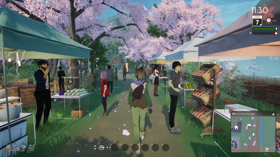 SunnySide: An anime woman walks through a bustling marketplace with cherry blossoms in the background