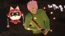 A pink haired character wearing a green jumper pulls a wooden sword out of a brown sheath in a dark cave surrounded by glowing likes, a red cat-like drone robot floating next to them