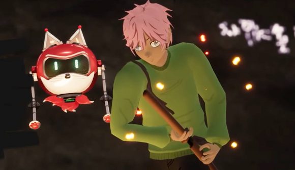 A pink haired character wearing a green jumper pulls a wooden sword out of a brown sheath in a dark cave surrounded by glowing likes, a red cat-like drone robot floating next to them
