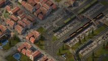 Train-filled city builder Sweet Transit to hit Steam 1.0 launch: A few different steam trains pull into stations or depart in a bustling city.