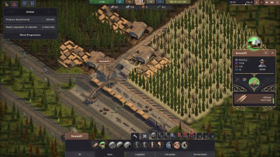 Ein Screenshot von Sweet Transit, der zeigt, wie ein Zug in einem Sägewerk beladen wird