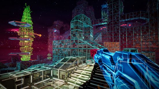 Ein Screenshot des neuen Endgegnerkampfs aus dem System Shock-Remake. Der Spielercharakter hält eine futuristische Waffe in einer TRON-ähnlichen Drahtmodellwelt, die ein Farbenrausch ist.