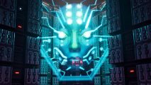 One of 2023's most overlooked games just got a massive free update: Shodan from the System Shock remake looks down at the player character, blue lines streak out of her head as the hologram hangs in front of banks of computers.