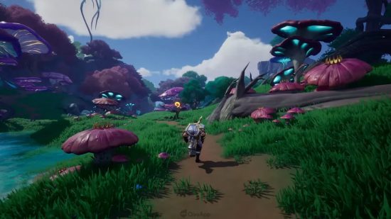 A screenshot from Tarisland showing a warrior running through a green field, with odd purple mushrooms making the landscape appear alien.