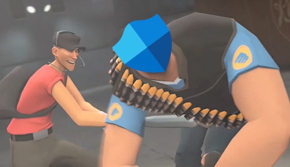A Red TF2 Scout (left) hits a Blue TF2 Heavy (right) with a baseball bat