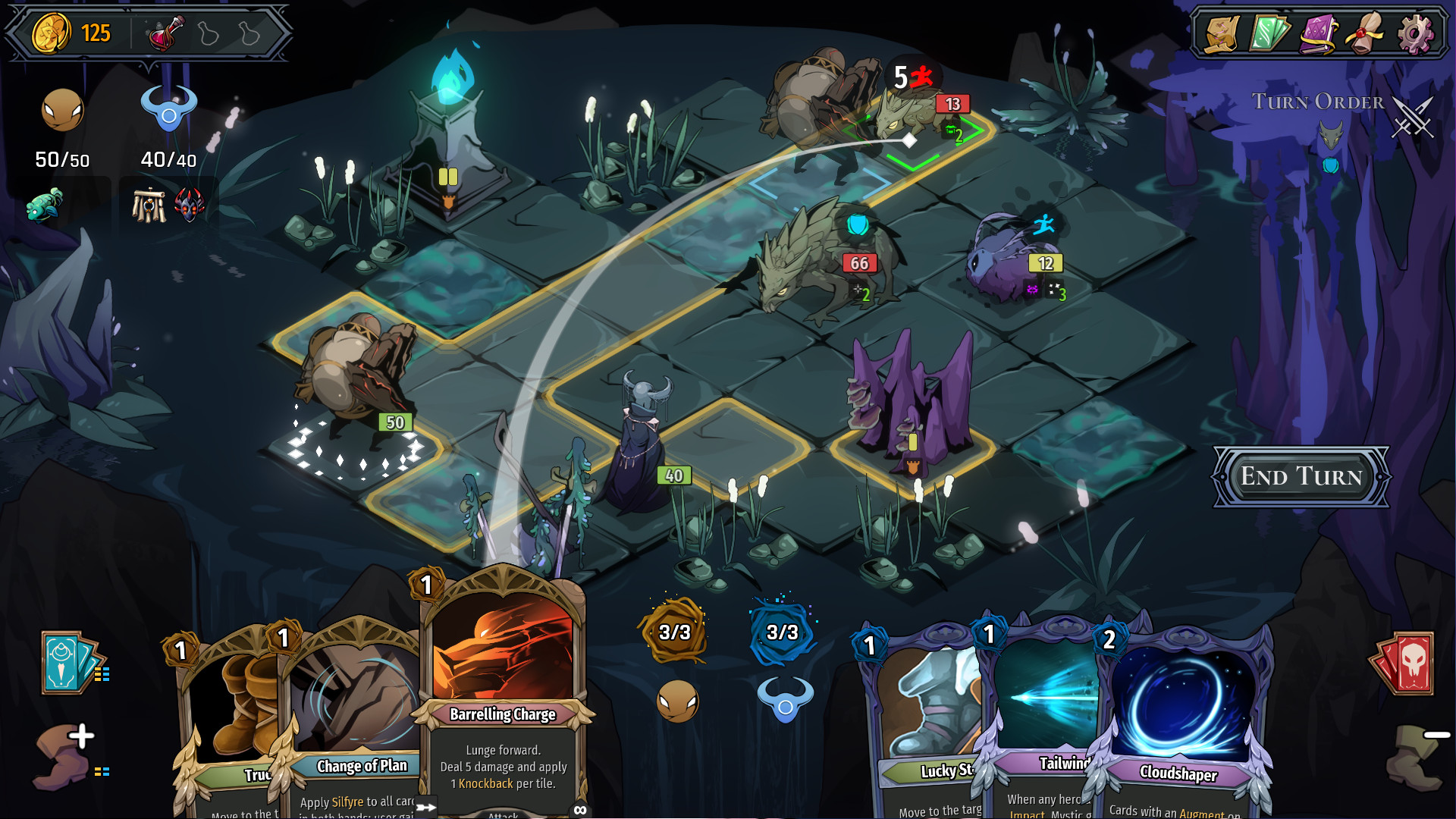 Tendryll – Screenshot, der zeigt, wie der Dragoner seine Fähigkeit „Fassangriff“ nutzt, um die Karte in einer Runde zu überqueren.