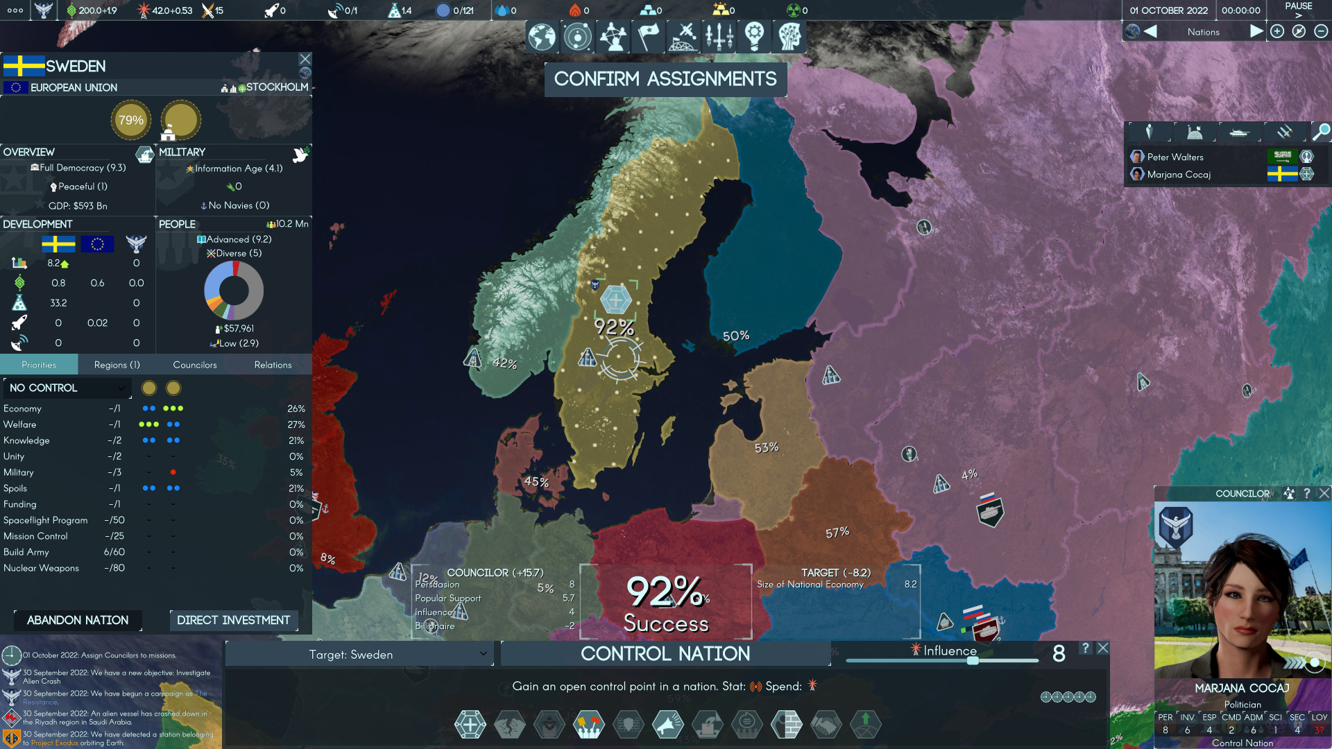 Terra Invicta Update 0.4 – Eine Karte von Nordwesteuropa mit in verschiedenen Farbtönen eingefärbten Nationen.