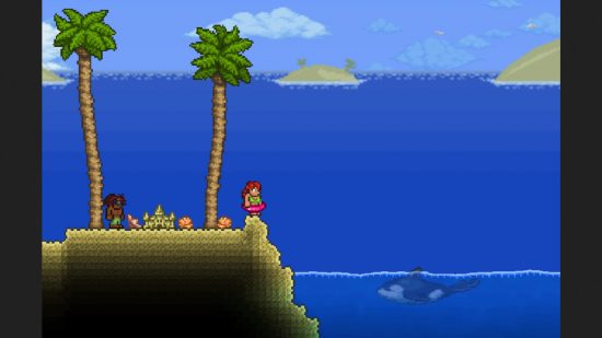 Terraria 1.4.5 update - Two players out at the edge of the ocean biome, where an orca swims in the water.