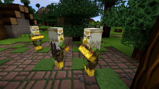 Three villagers stand around, but they look like eagles thanks to PureBDCraft, one of the best Minecraft texture packs.