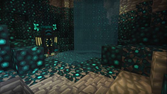 The Warden stands under a water fall, the blocks around it affected by VanillaBDCraft, one of the best Minecraft texture packs.