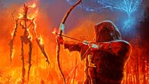 The Axis Unseen preview: A hunter takes aim with a magical bow and arrow against an immolated tree-like giant,