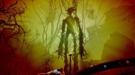 The Axis Unseen preview: A tree-like cryptid stands stationary in a forest choked by poison fog.