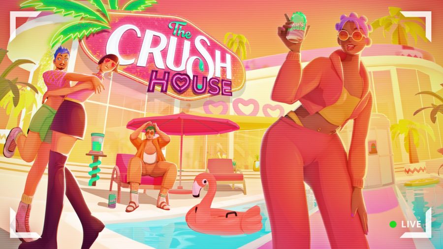 A cast member of The Crush House holds up a can of Crush Juice for the camera as her castmates canoodle in the background.