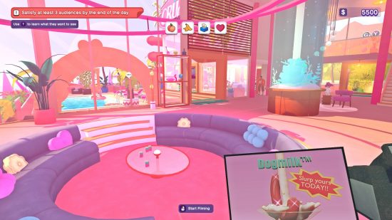 The interior of The Crush House, notable for its enormous pastel purple couch and the indoor hot tub, while the camcorder plays ads for 'Dogmilk'.