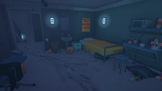 The room that serves as your base of operations beneath The Crush House, including a bed and a corridor leading to a mysterious elevator.