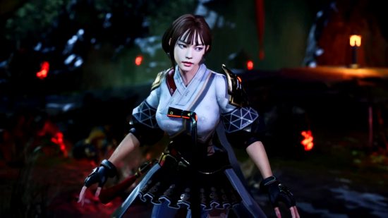The Devil Within: Satgat - A short-haired female warrior wearing white robes and fingerless gloves looks around warily as robotic figures approach her.