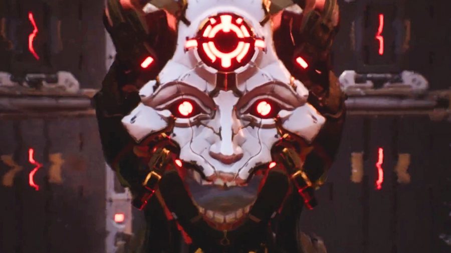 The Devil Within Satgat - A white-faced robotic creature with red lights in its forehead.