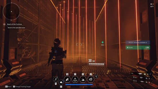 The First Descendant - A player in an instance dungeon faces a corridor filled with lasers.