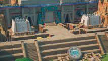 Fight for survival together in this new online co-op city builder: A large temple stands atop a series of stone steps, with a huge mystical ancient calendar in front of it.