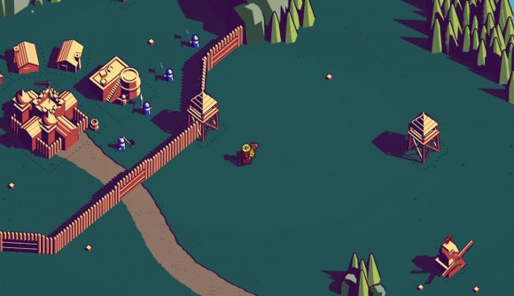 97% rated minimalist strategy game update adds 15 new game modes: It's day in Thronefall and the player character stands outside a small town,'s walls, with green grass under their feet and trees surrounding them.