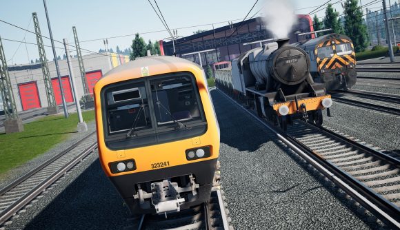 Train Sim World 4 Humble Bundle image showing multiple trains driving along the tracks.