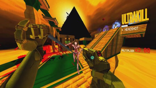 A screenshot from Ultrakill which shows an Egyptian-themed level, a robot is running right at the player and the game's UI indicates that they have just pulled off a headshot.