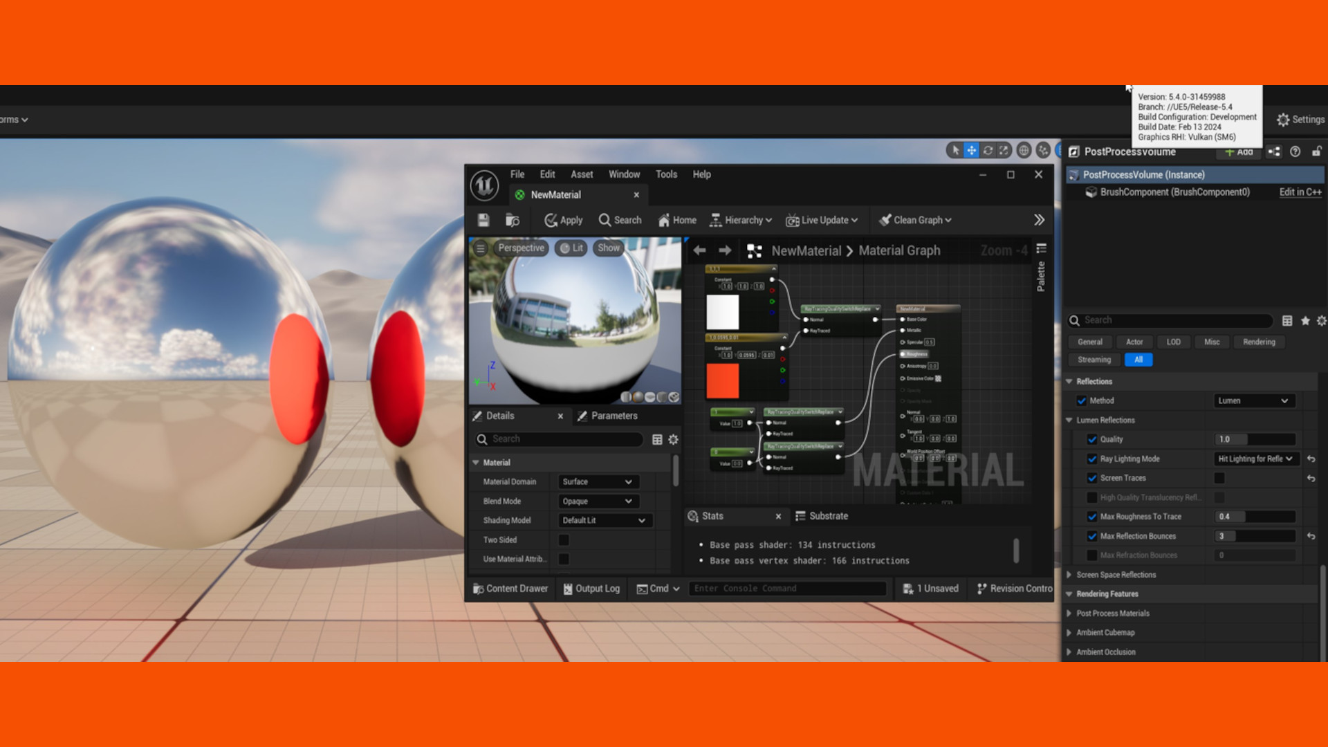 Una captura de pantalla del kit de herramientas para desarrolladores de Unreal Engine 5, en la que se puede observar el trazado de rayos en una esfera reflectante.