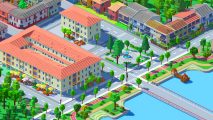 Urbek City Builder new trains DLC: A little waterfront settlement in Steam city building game Urbek City Builder