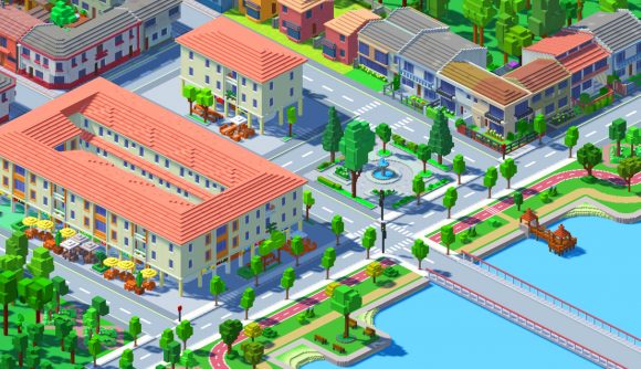 Urbek City Builder new trains DLC: A little waterfront settlement in Steam city building game Urbek City Builder
