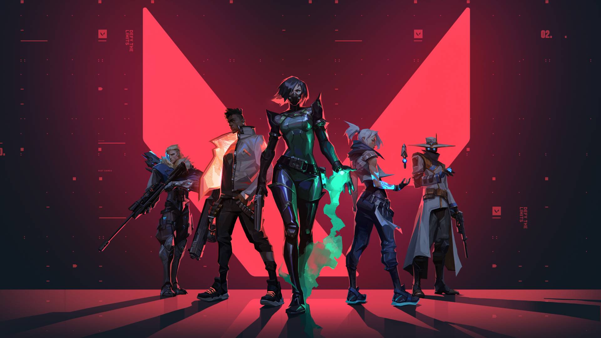 Eine Gruppe von Zeichentrickfiguren steht in einer Fünfergruppe vor einem riesigen leuchtend roten V auf einem Hintergrund im Matrix-Stil