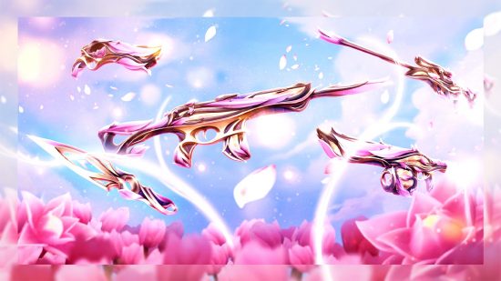 The pretty pink and gold Mystbloom Valorant skin set.