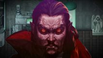 Vampire Survivors surprise launches its biggest free update yet: The big vampire man from Vampire Survivors looks at you, while the scientific laborratory from the update is behind him,