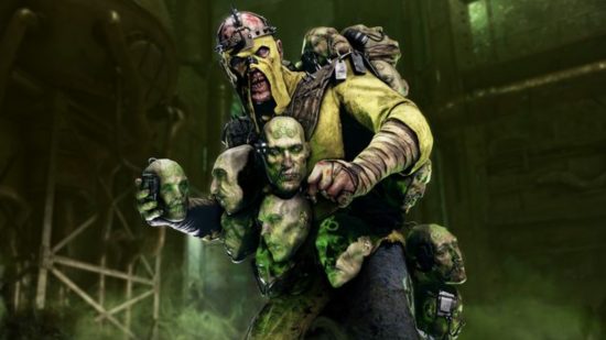 Warhammer 40k Darktide - New enemy the Dreg Tox Bomber, a masked man clutching head-shaped toxic grenades..