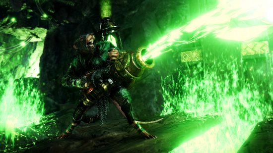Warhammer Vermintide 2 versus mode - A Skaven fires green gunk out of a large cannon.